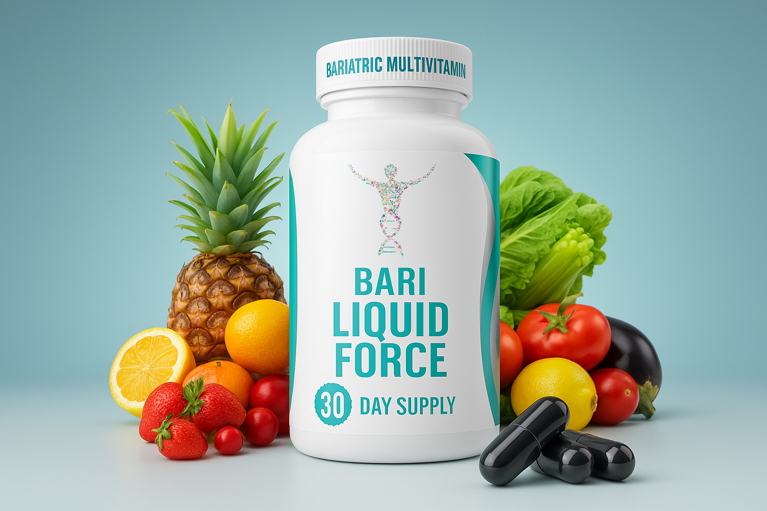 Bari Liquid Force bariatric multivitamin bottle with fruits and vegetables